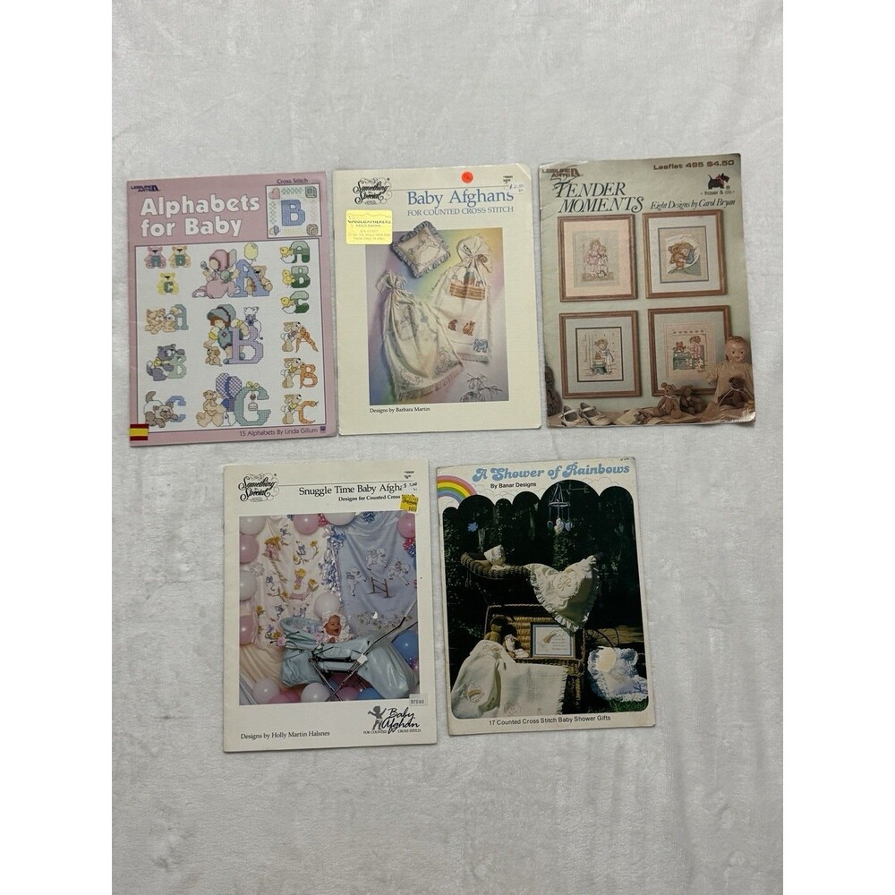 Lot 5 Baby Cross Stitch Books Alphabets Afghans Rainbows Carol Bryan Tender
